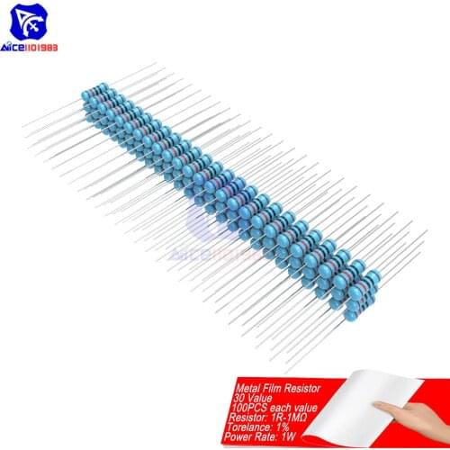 100PCS/Lot Metal Film Resistor 1% 1W 1R-1MΩ 1R 4.7R 10R 100R 220R 1K 2.2K 4.7K 6.8K 10K 22K 47K 100K 470K 1MΩ Ohm Resistance