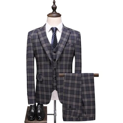 Men Plaid 3 Piece Suit Lapel Single Row One Button Slim Fit Groom Wedding Suit For Formal Gentlemen Costume Blazer+Pants+(Vest)