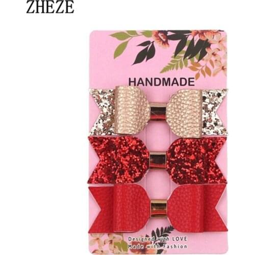 3Pcs/Set NEW Mermaid Series Bows Glitter Hair Clip Rose Gold Sparkly Leather Hairpins Children Party Headwear Hair Accessory