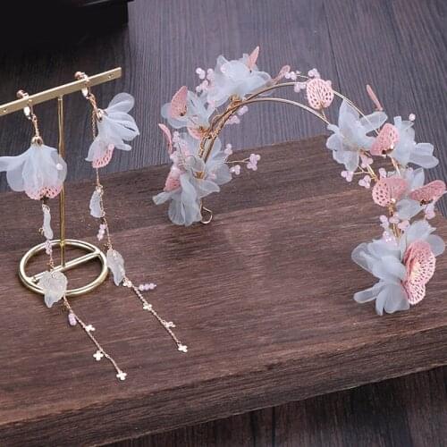 New Ancient Chinese Dress Headdress Set Exquisite Flowers Crystal Decorate Hairband Long Fairy Tassels Ear Clip Ornament BN