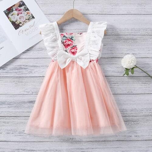 Girls Dress 2021 New Childrens Clothing Summer Flowers Printed Mesh Stitching Princess Dress Kids Clothes Girl Wedding Dress