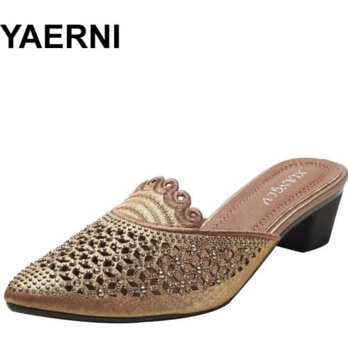 YAERNI Baotou half slippers womens outer wear summer new style thick with rhinestone pointed toe fashion ladies high-heeled