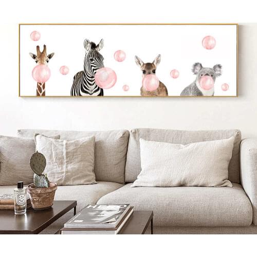 Baby Nursery Animals Canvas Painting Pink Bubble Giraffe Zebra Wall Art Poster Long Banner Nordic Kid Room Decoration Pictures