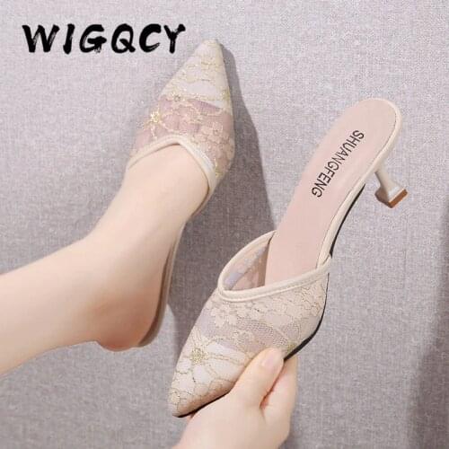 Mesh High Heels Slippers Women New Summer Shoes Women Fashion Pointed Toe Casual Slides Black Slip-On Thin Heels Female Shoes