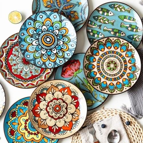 Hand painted European underglaze color creative ceramic household tableware steak plate circular Western plate