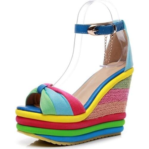 Best Selling 2020 New Summer Mixed Color Straw Braid Cotton Sandals Women Ultra High Heel Sandals Fashion Elegant Wedge Sandals