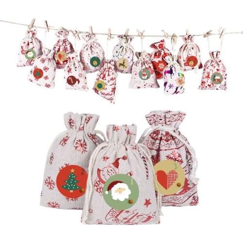 Sharkbang New Arrival 24PCS Kawaii Christmas Festival Gift Drawstring Bag Storage Bag Foil Printed Christmas Cotton Bag Set