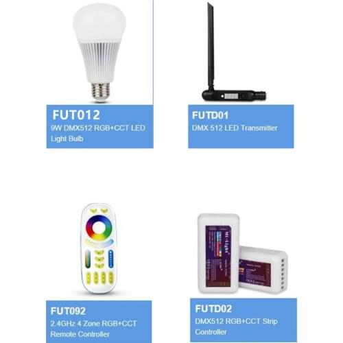 DC12V-24V Mi Light FUTD01 DMX 512 LED Transmitter FUTD02 DMX512 RGB+CCT Strip Controller FUTD04 9W DMX512 RGB+CCT LED Light Bulb