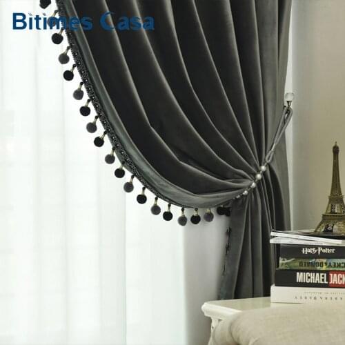 Dark Grey Pompon Velvet Blackout Windows Curtain Drape Panel For Living Room Bedroom Interior Decoration Thermal Insulation