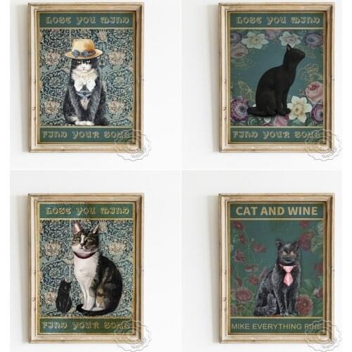 Animal Portrait Vintage Art Poster, Funny Sunglasses Tie Boss Cat Art Prints, Lovely Lady Hat Cat Wall Picture, Cute Wall Decor