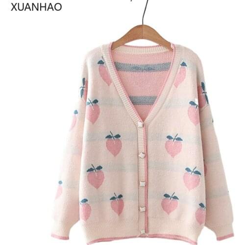 XUANHAO Pink Women Knitted Cardigan Peach Embroidery Knit Sweet Sweaters Winter Single Button Long Sleeve Female Cute Outwear