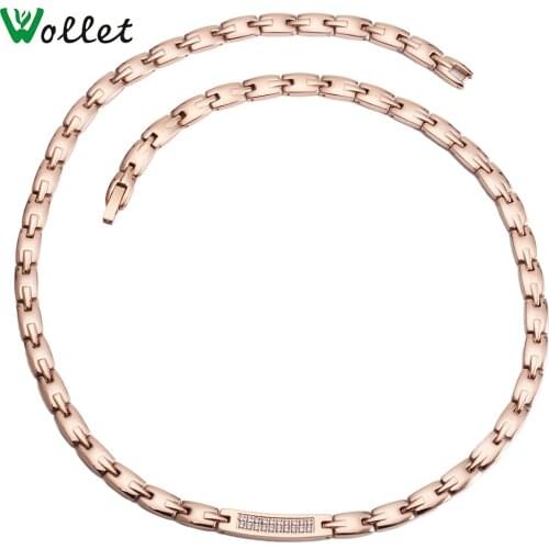 Wollet Jewelry Rose Gold 316L Stainless Steel Necklace Pendant for Women CZ Stone Hematite Germanium Prong Setting 48cm 0.65cm