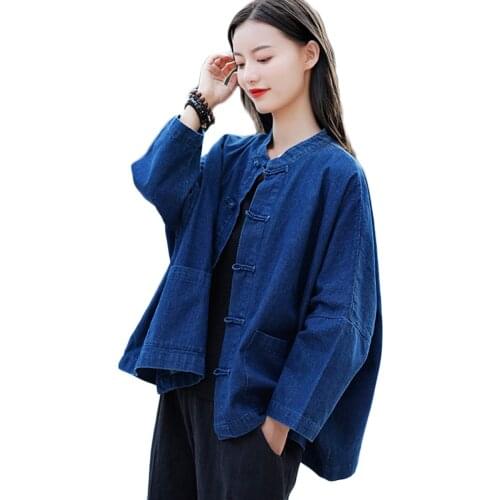 LZJN 2020 New Autumn Women Denim Jacket Long Sleeve Classic Frog Buttons Loose Oversize Jean Jacket Coat