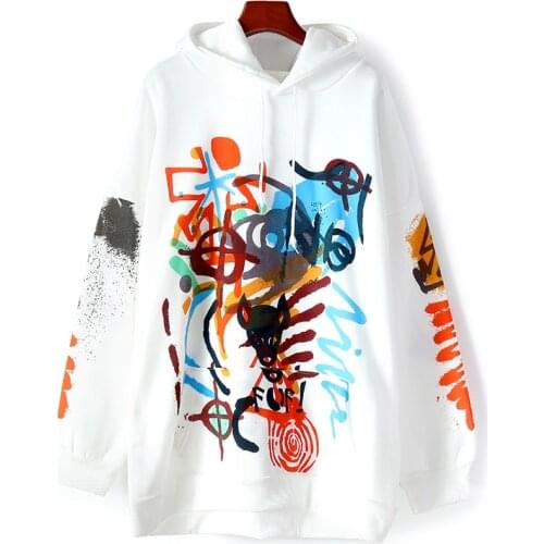 Cotton graffiti hooded sweatshirt womens black autumn and winter 2021 new loose large version plus velvet warm hoodie jacket