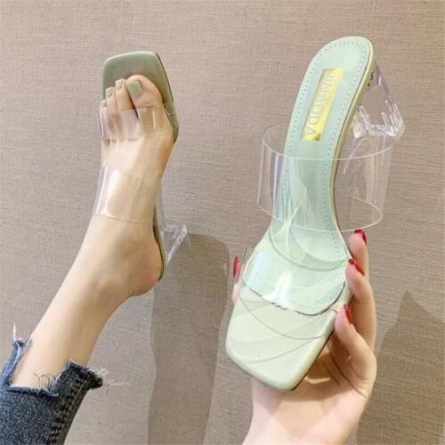 Women Slippers Summer Fashion PVC Transparent Sandals Ladies Mule High Heels Slippers Party Shoes Open Toe Woman Slides