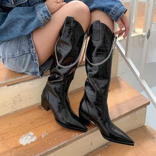 Western Boots Women Mid-Calf Boot Woman Pointed Toe Thick Heels Shoes Female Cow Leather Sewing Shoes Ladies Autumn 2020