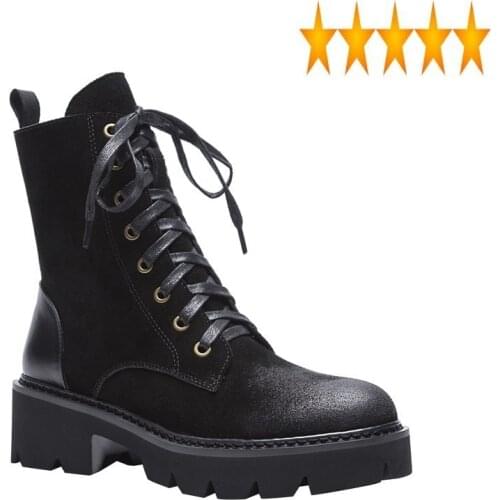 Motorcycle Lace Women Up Vintage High Quality Leather Thick Heel Platform Botas Shoes Autumn Winter Fashion Ankle Boots