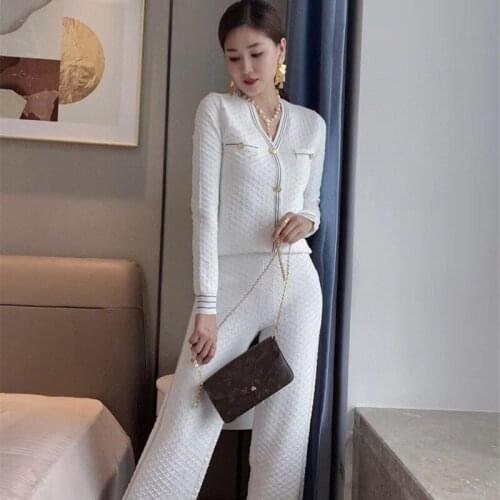 Womens Time-limited Full Suit 2020 Autumn New Diamond Lattice Elegant Single-breasted Knitted Cardigan And Trousers Two-piece