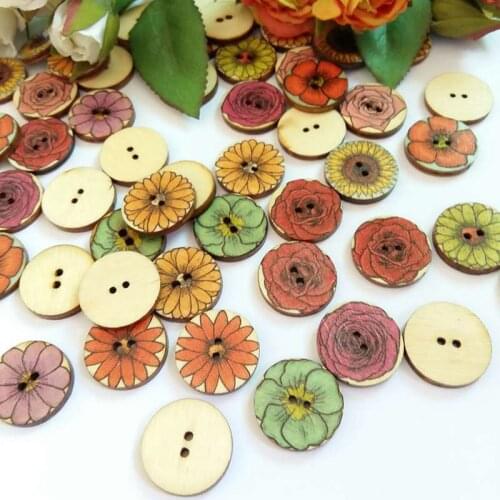 120 Pcs 20MM Random Mixed Vintage flower Wood Button Fashion Decorative Wooden Buttons Sewing Accessories bottoni