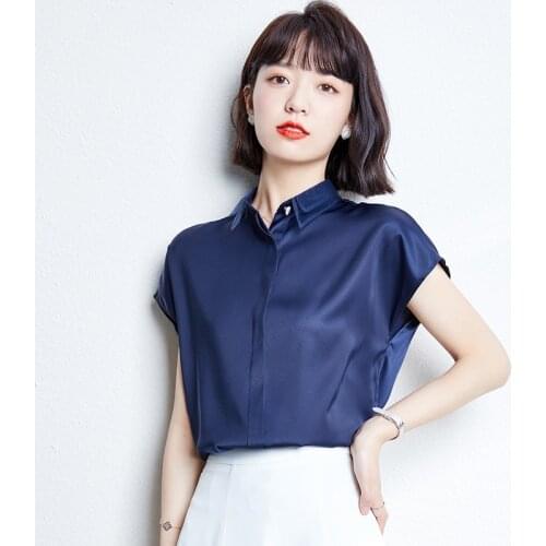 Women Blouses Button Up Satin Silk Shirt Vintage Short Sleeve Top Women Street Shirts Summer