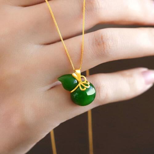 Natural Hetian Jade Green Jade Pendant Gourd S925 Sterling Silver Pendant Womens Necklace Hanging Ornament Pendant Clavicle Cha
