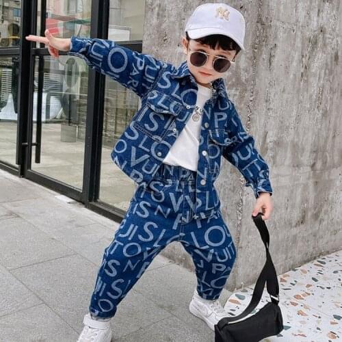 Spring autumn boys denim set kids clothes baby denim jackets + pants 2 pcs set fashion letter boys outfits 2T to 12T