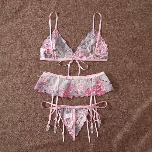 Erotic Lingerie Set Bra Garter Belt Bowknot Flower Embroidery Sleevless Sexy Lace Underwear for Women Bielizna Erotyczna