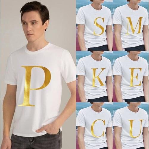 Summer Mens All-match White T-shirt Gold Printing 26 English Letter O Collar Casual Slim Commuter Breathable Mens Soft Top