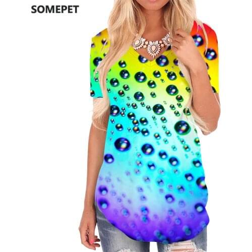 SOMEPET Rainbow T Shirt Women Colorful V-neck Tshirt Raindrop Tshirts Printed Harajuku Shirt Print Womens Clothing Summer Cool