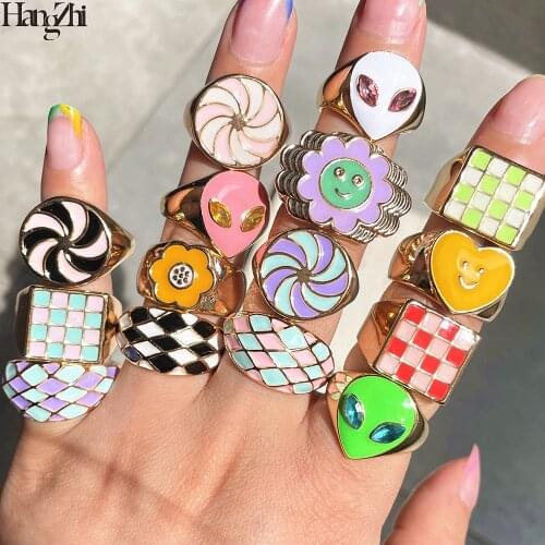 HangZhi 2021 New Trendy Macaron Color Geometric Square Heart Enamel Exaggerated Alien Yin Yang Ring for Women Gal Party Jewelry