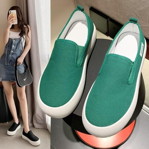 Women Sneakers Platform Canvas Shoes Black Loafers Slip on Casual Shoes Green Thick Sole Leisure Shoes Plaid Zapatos Mujer 9331L