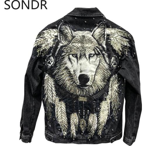 Mens 3D Tiger Embroidery Sequins Skull Denim Jeans Sukajan Souvenir Flight Jacket Bomber Coat Chic Outwear Oversize