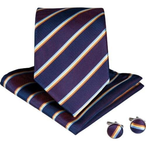 DiBanGu Classical Striped Mens Big Size Ties With Hanky Cufflinks 160CM Length Silk Neck Ties Set For Mens Wedding MJ-7527