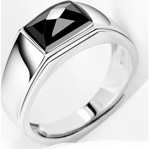New 100% real S925 silver natural black stone ring for male stylish wide-faced 925 silver men rings