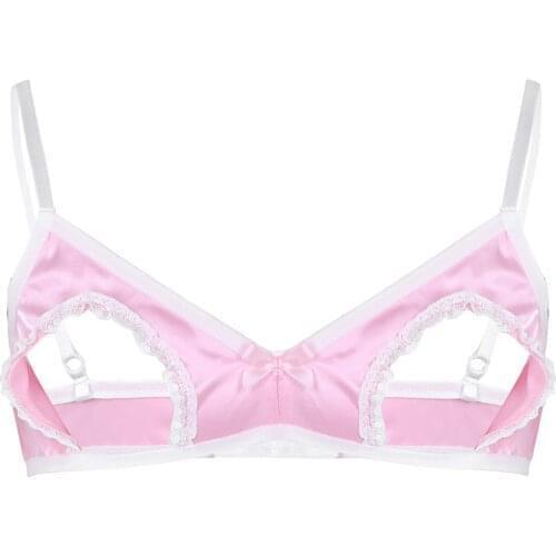 Mens Sissy Lingerie Bra Underwear Soft Smooth Satin Adjustable Spaghetti Straps Hollow Out Nipples Wire-free No Padded Bra Tops