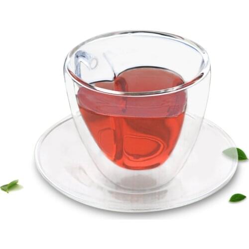 Lots Tea Coffee Cup Sets - Heat Resistant Glass Heart-shaped Coffee Cup 140ml + Saucer - M 125mm