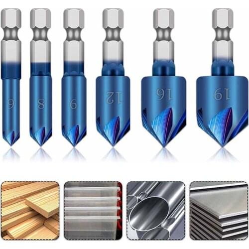 6Pcs Countersink Drill Bit Set 1/4'' Hex Shank HSS 5 Flute Countersink 90 Degree Wood Chamfering Cutter Chamfer 6mm-19mm