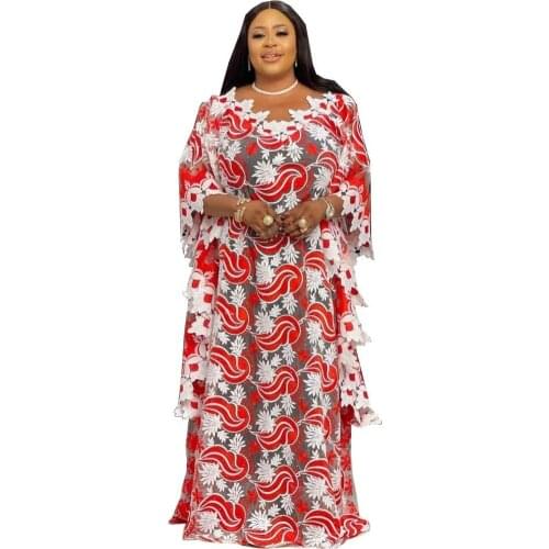 New African Dashiki Fashion Loose Embroidery Long Dress African Maxi Dress For Women African Clothes Elegant Lace Dresses
