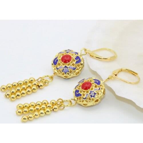 Wholesale price fashion charms long tassel drop dangle earrings Chinese gold-color cloisonne for women clothes jewelry B2608