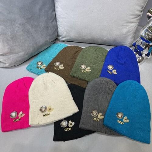 2021 Autumn Winter Woman Stylish Solid Color Knitting Button Decoration Keep Warm Hat All Match