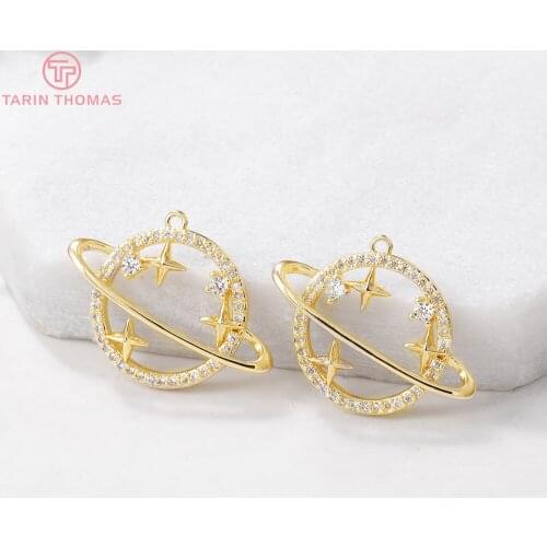 2PCS 25x18MM Hole 1MM 24K Gold Color Plated Brass with Zircon Planet Star Charms Pendants High Quality Diy Jewelry Accessories