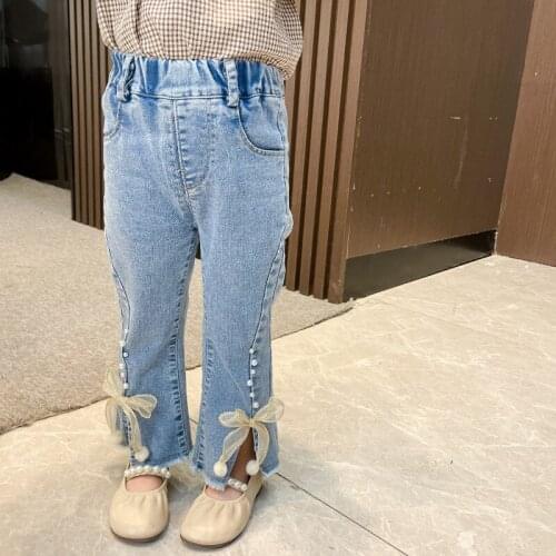 Girls Flare Jeans Spring Autumn New Fashion Childrens Clothing Korean Beaded Bowknot Kids Bell Bottom Pants KF1060