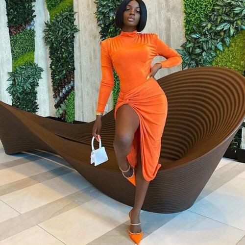Ruched Wrap Hip Side Split Bodycon Midi Dresses Women O Neck Long Sleeve 2021Summer Beach Clothes Night Club Party Skinny Dress