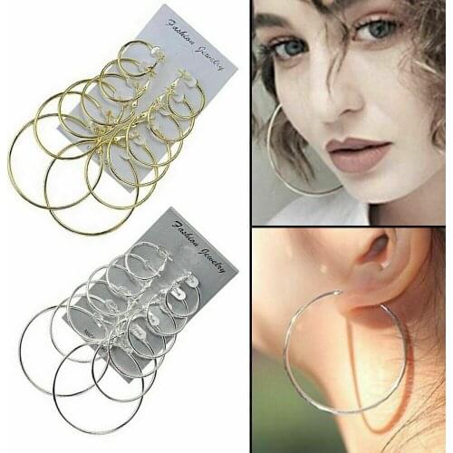 6 Pairs Gold Plate Smooth Round Big Hoop Sleeper Earrings Ladies Fashion Jewelry Wedding Dangle Earrings