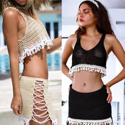 Hand Crochet Mini Tight Fit Women Beach Shell Bikini Swim Skirt Lace Cover UP Deep V Crop Top Details Sides