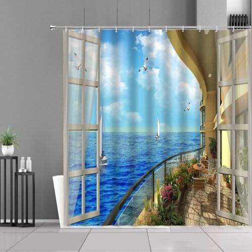 Ocean Scenery Waterproof Shower Curtains 3D False Window Design Bathroom Decor Cloth Curtain Screen Bathtub Partition With Hooks
