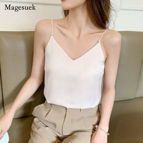 V-neck Shoulder Straps Pearl Sling Satin Blouse Summer Fashion Temperament Tops for Women Elegant Silk Loose Shirt Blusa 15856