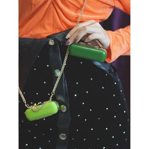 Genuine Leather Ladies Mini Lipstick Bag Designer Retro Green Mirror Cosmetic Bag Decoration Metal Chain Shoulder Messenger Sac