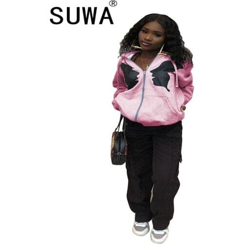 Black Character Printed Casual Plus Size Coat for Women Fashion Long Sleeve Hooded Loose Jacket High Street Zipper Up Outerwears