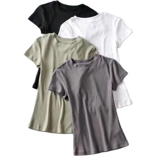 2021 summer Women new Black white versatile T Shirt Mujer short Sleeve top Slim stretch casual Blusas O Neck Solid tees Female